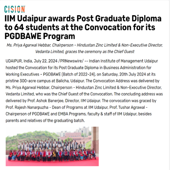 IIM Udaipur awards Post Graduate Diploma to 64 students at the Convocation for its PGDBAWE Program